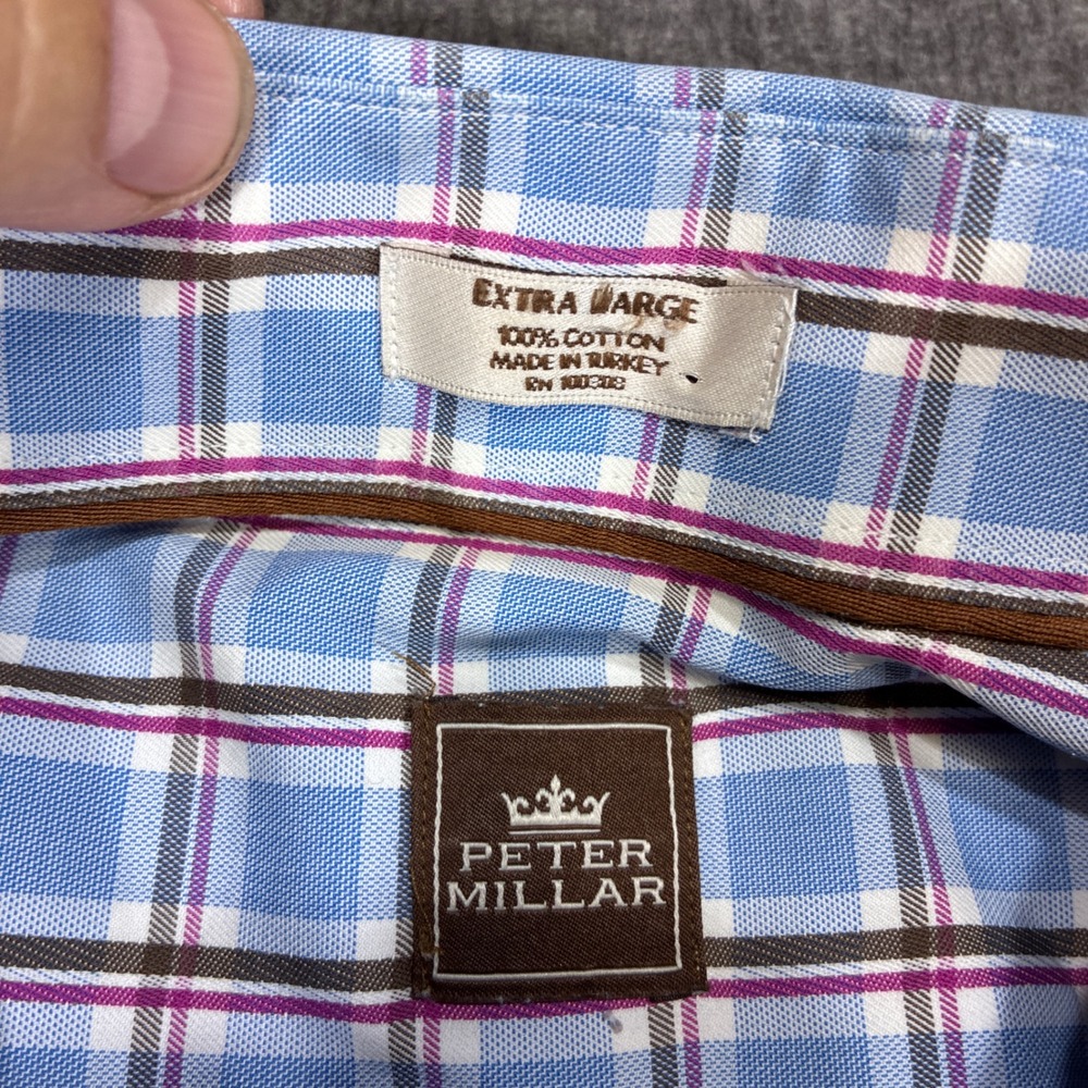 Peter Millar Button Down Shirt Mens XL Blue Plaid Long Sleeve Cotton Oxford